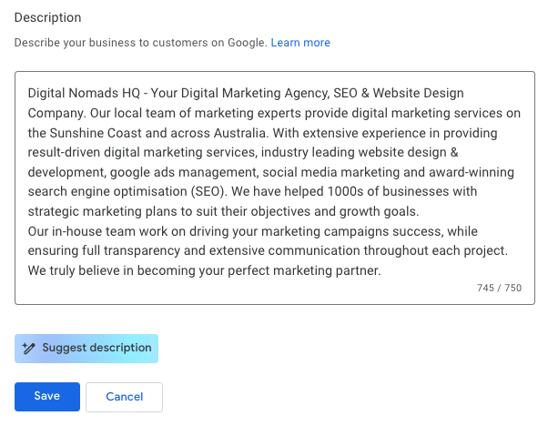 screenshot of Google's new AI "suggest description" feature.