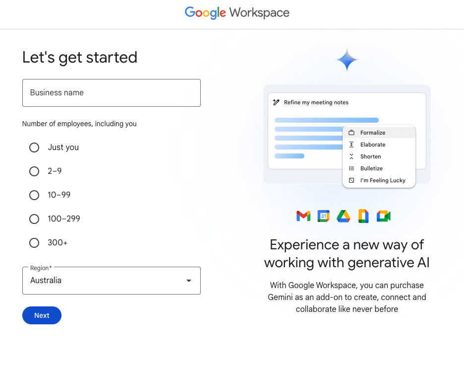 Google Workspace get started page